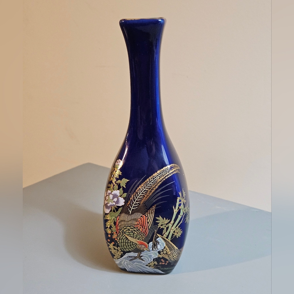 Vintage Cobalt Blue Japanese Pheasant Square Neck Bud Vase with Gold Accents 8"